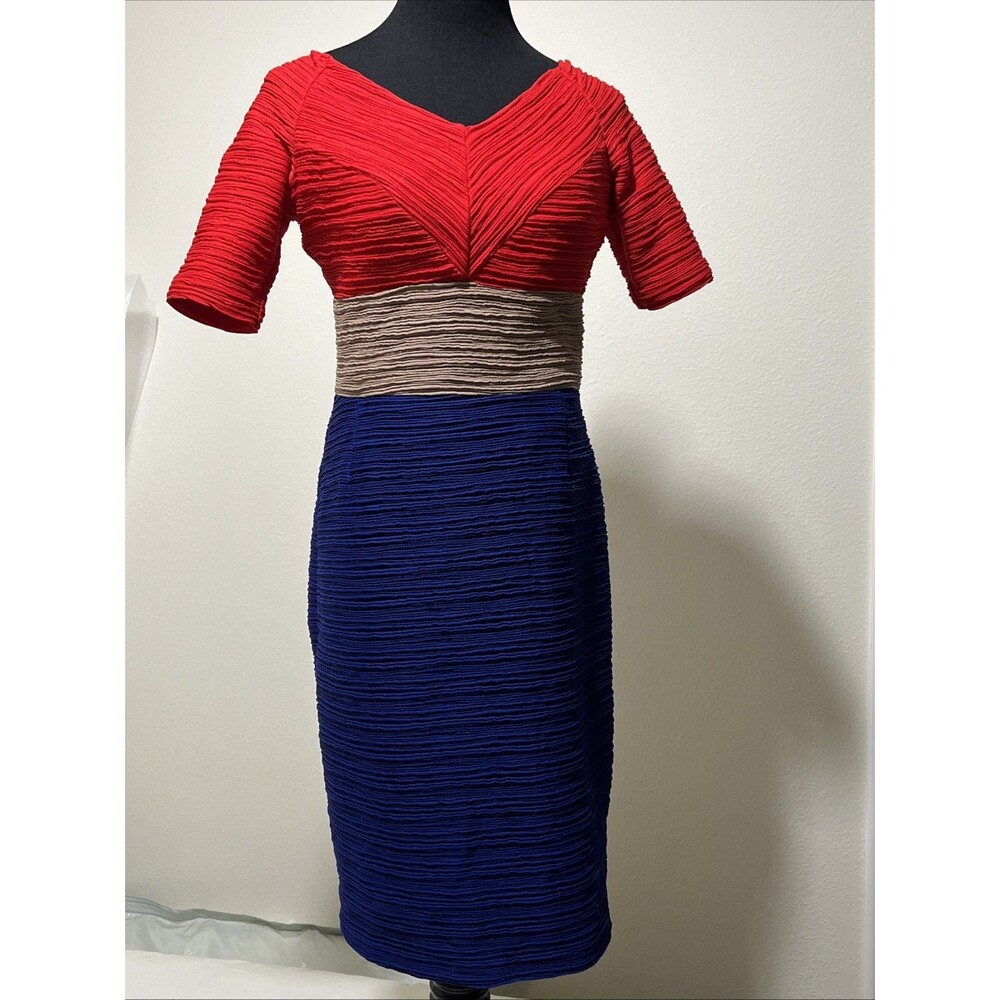 Nue by Shani Colorblock Striped Dress Bodycon Ruched Red Blue Tan Sz 6 Midi